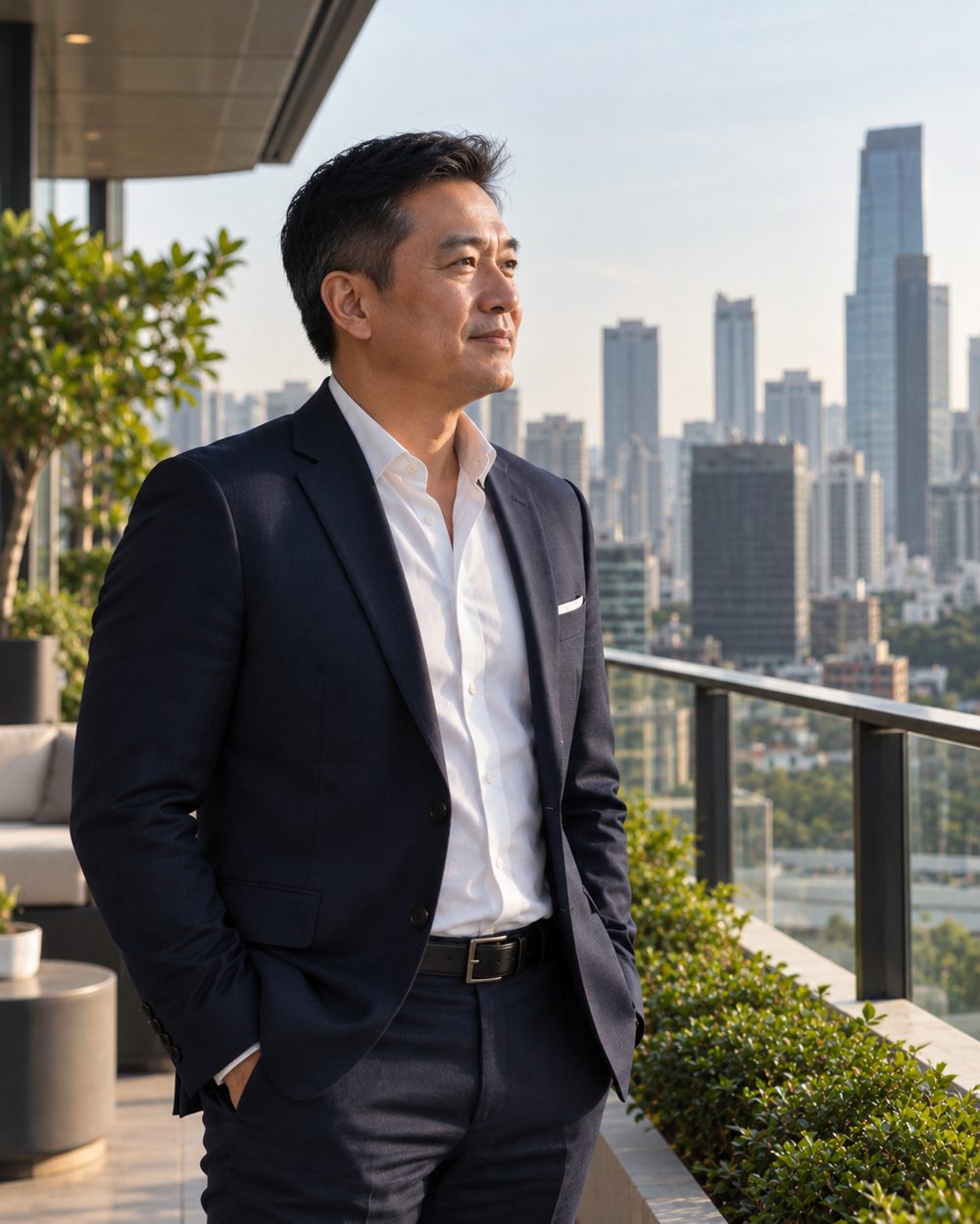 A businessman in his late 40s looking out over the Jakarta skyline